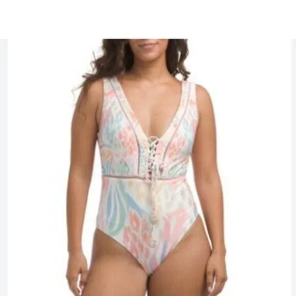 NWT Cosita Linda Sweet Sunset Beaded Plunge One Piece Swimsuit | Medium | Luxury - Picture 3 of 8